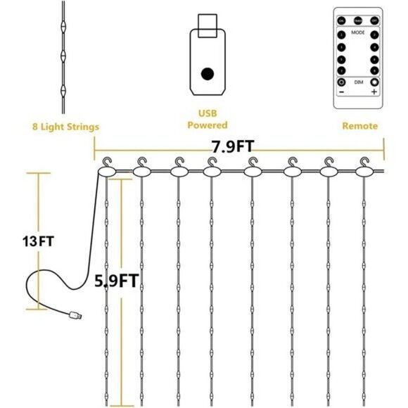 String Lights Curtain USB Powered Fairy Lights for Bedroom Wall Party Waterproof - Picture 7 of 8